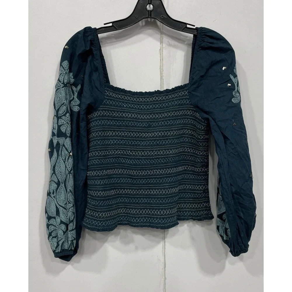Anthropologie Smocked Embroidered Puff Sleeve Blouse Teal Blue Boho Top Small